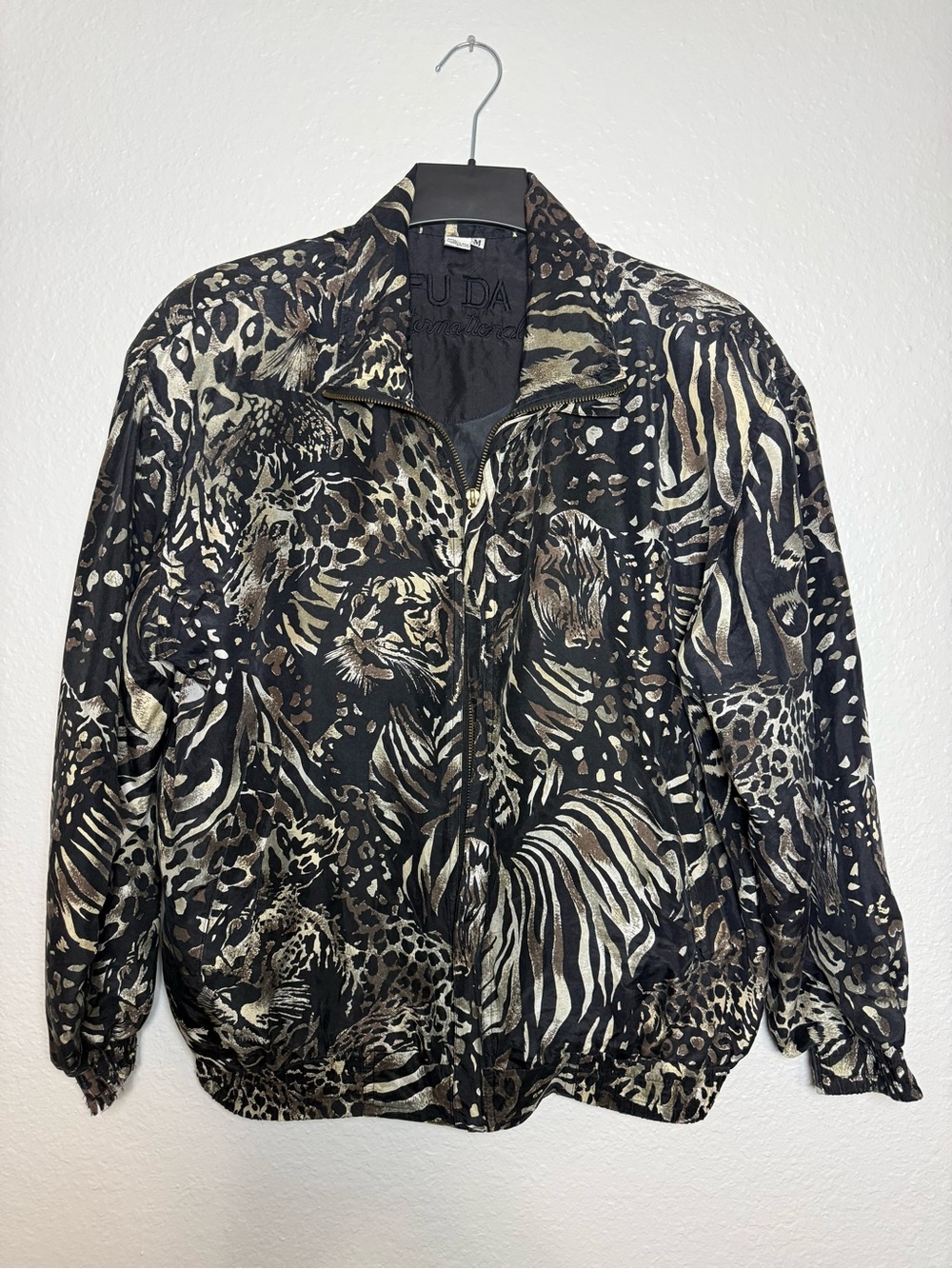 FU DA International Animal Print Zip Bomber Jacket Black Beige M Women Vintage